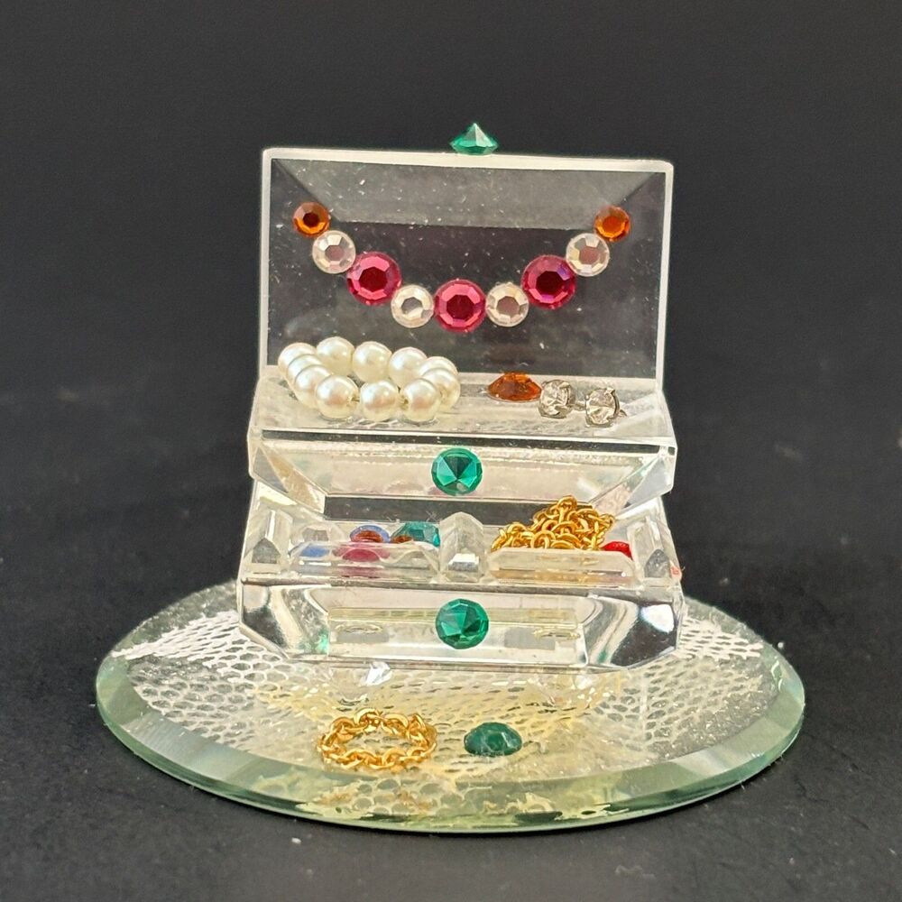 Miniature Crystal Jewelry Box Figurine Collectable Mirror Base Vanity Colorful